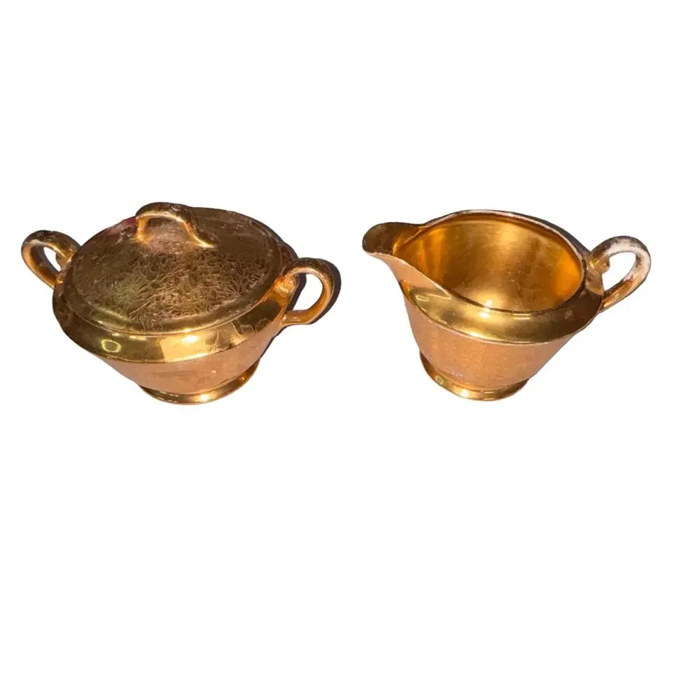 Wheeling DEC Creamer & Sugar Vintage Gold Floral Set #418 MCM